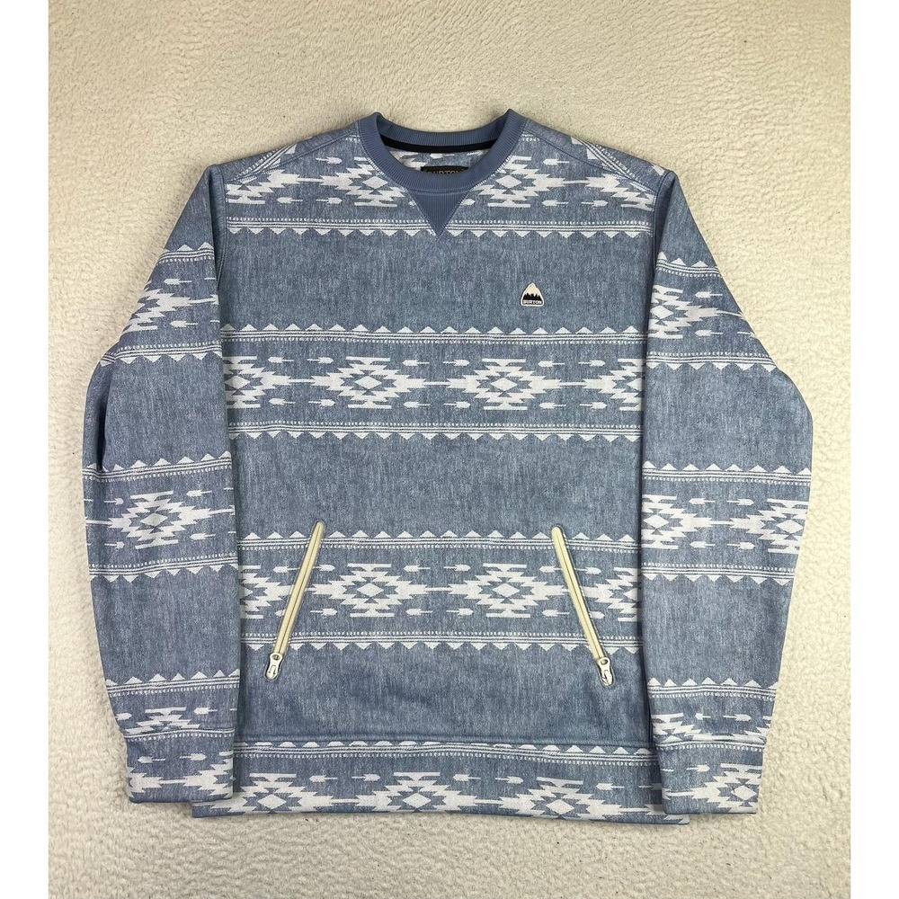 Burton Sweatshirt Mens Small Blue MB Bonded Crew Fleece Aztec Zip Pockets